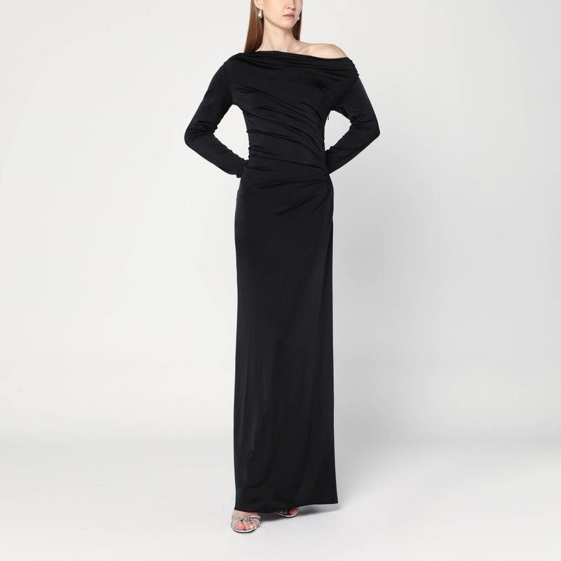 VICTORIA BECKHAM Long Dress with Ruched Design and Exposed Shoulder