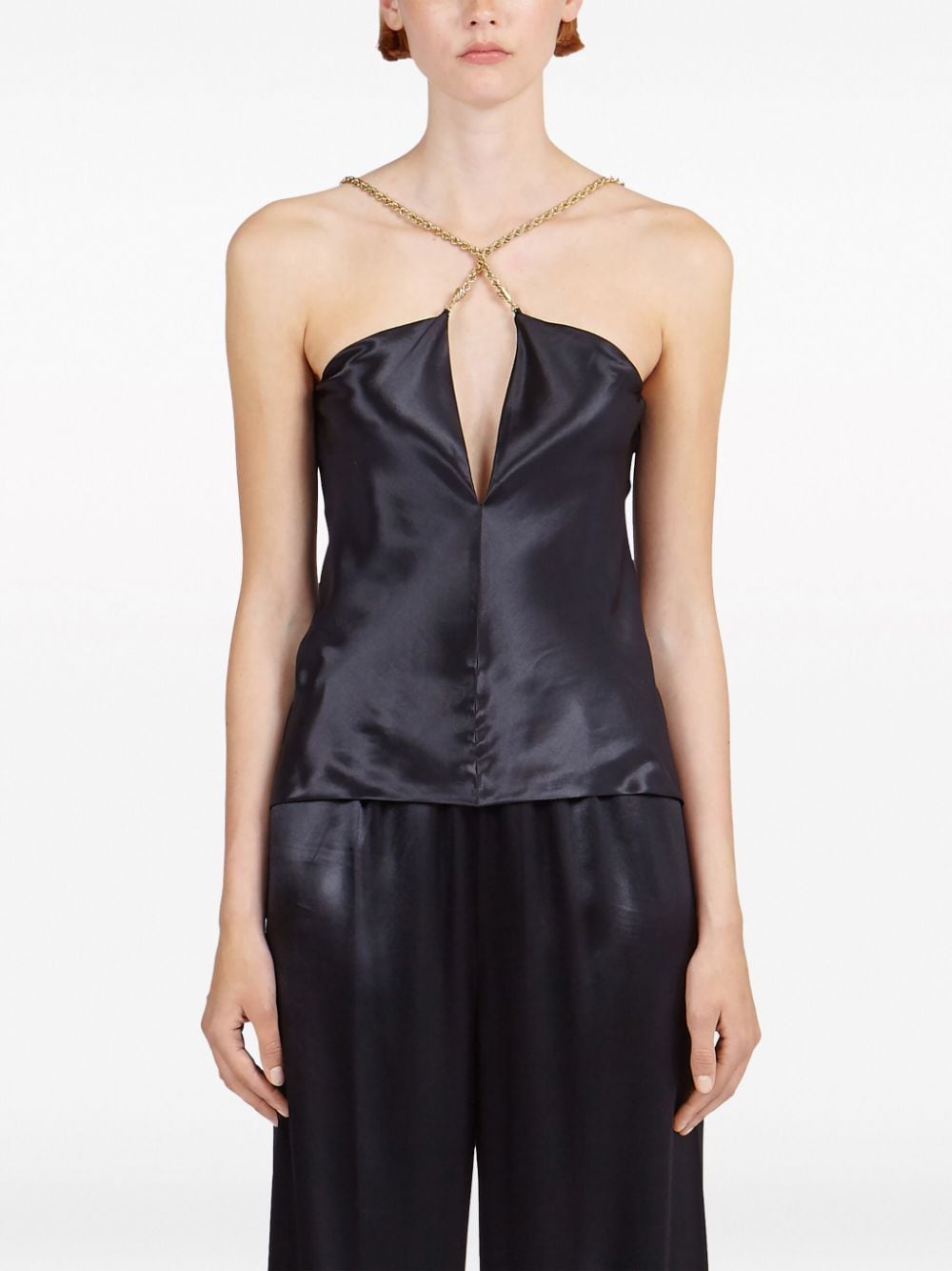Ferragamo Satin Sleeveless Top with Crossover Neck