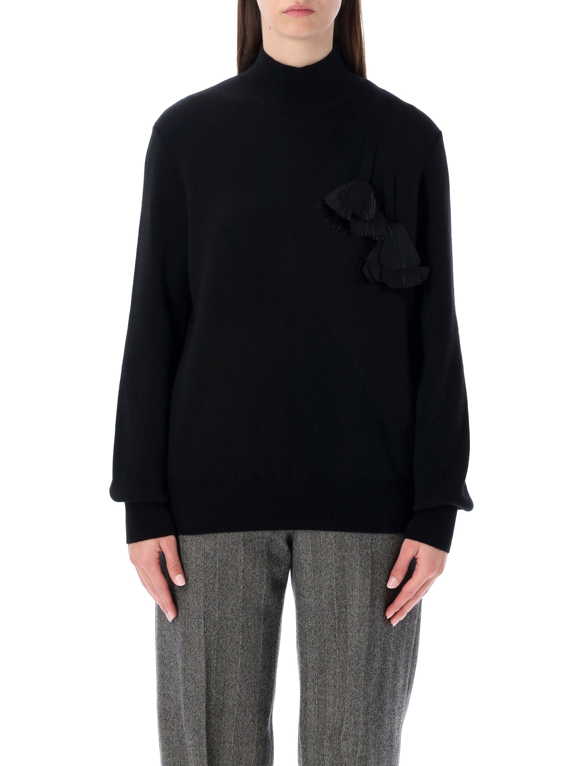 Ferragamo Mock-Neck Cashmere-Blend Sweater with Floral Appliqués - Women's Size S