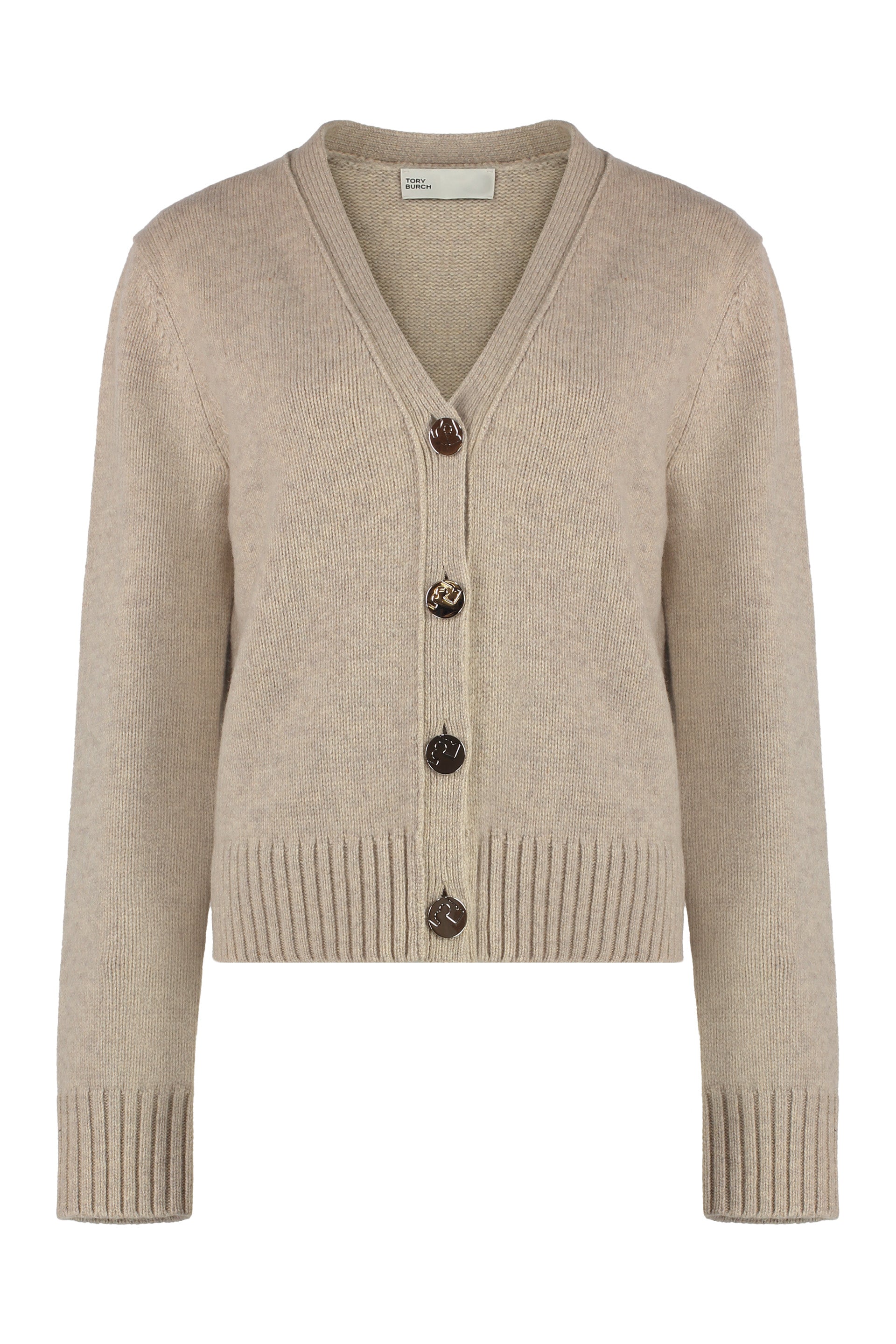 TORY BURCH Wool Cardigan with Ribbed Knit Edges