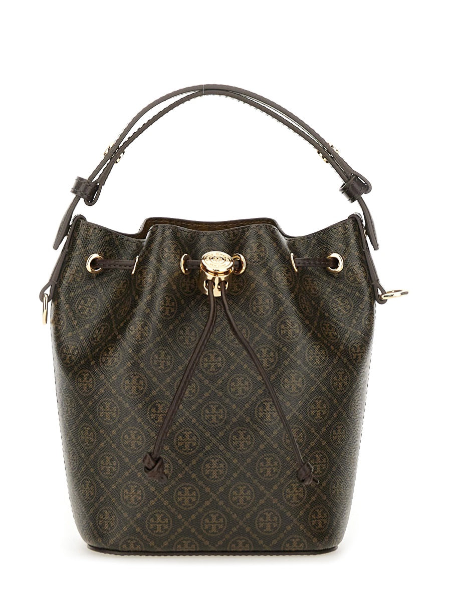 TORY BURCH Mini Bucket Handbag with Logo Motif and Drawstring Closure