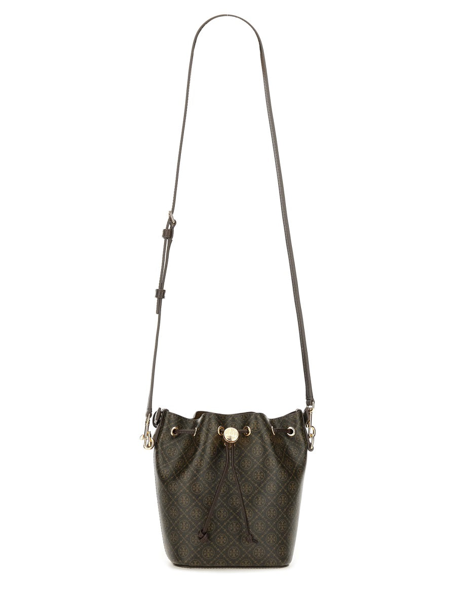TORY BURCH Mini Bucket Handbag with Logo Motif and Drawstring Closure