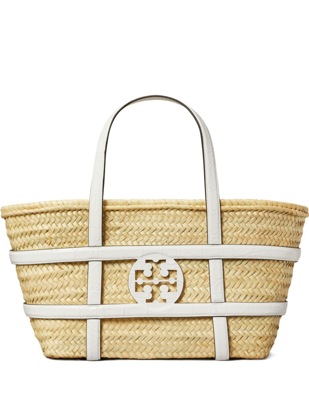 TORY BURCH Ella Straw Basket Handbag with Logo Insignia and Dual Top Handles