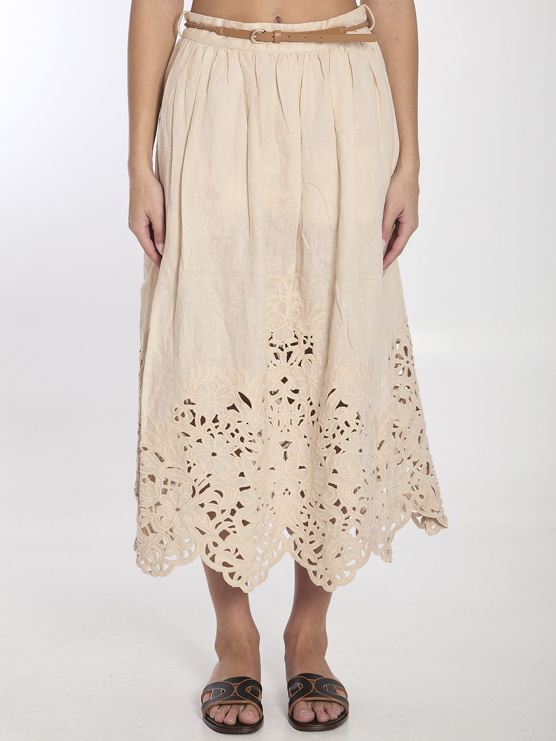 ZIMMERMANN Embroidered Midi Skirt with Detachable Belt
