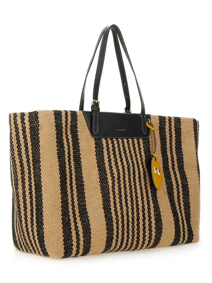 ANYA HINDMARCH Striped Jute Tote Handbag with Logo