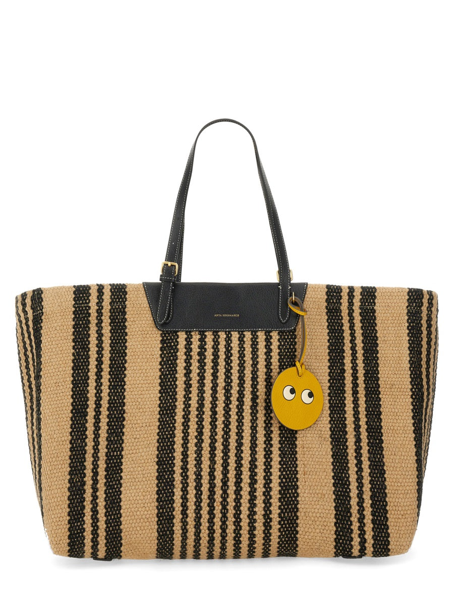 ANYA HINDMARCH Striped Jute Tote Handbag with Logo