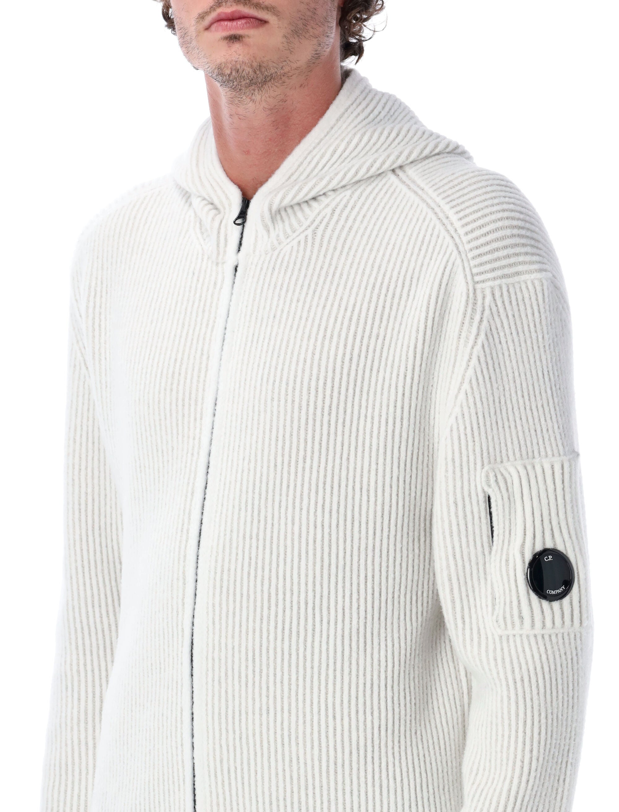 C.P.COMPANY Ribbed Knit Hooded Cardigan - Size L
