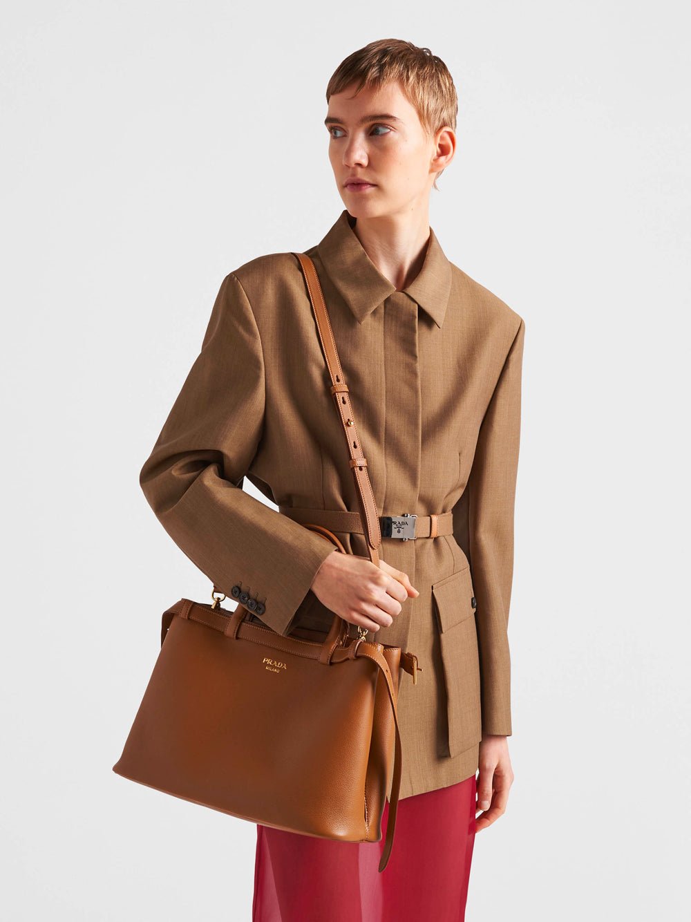 PRADA Buckle Medium Leather Handbag with Double Belt - W 35 X H 25 X D 14 CM