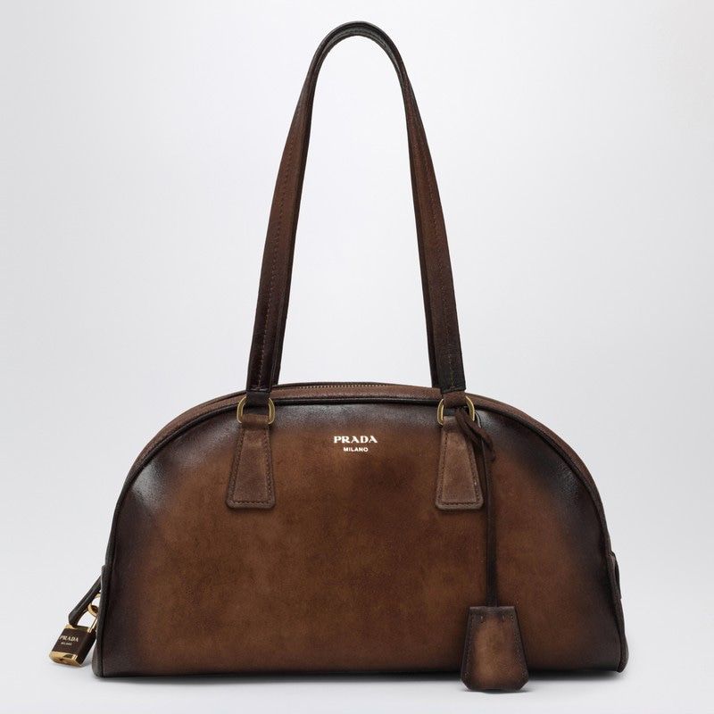 PRADA Medium Vintage-Effect Leather Bowling Handbag