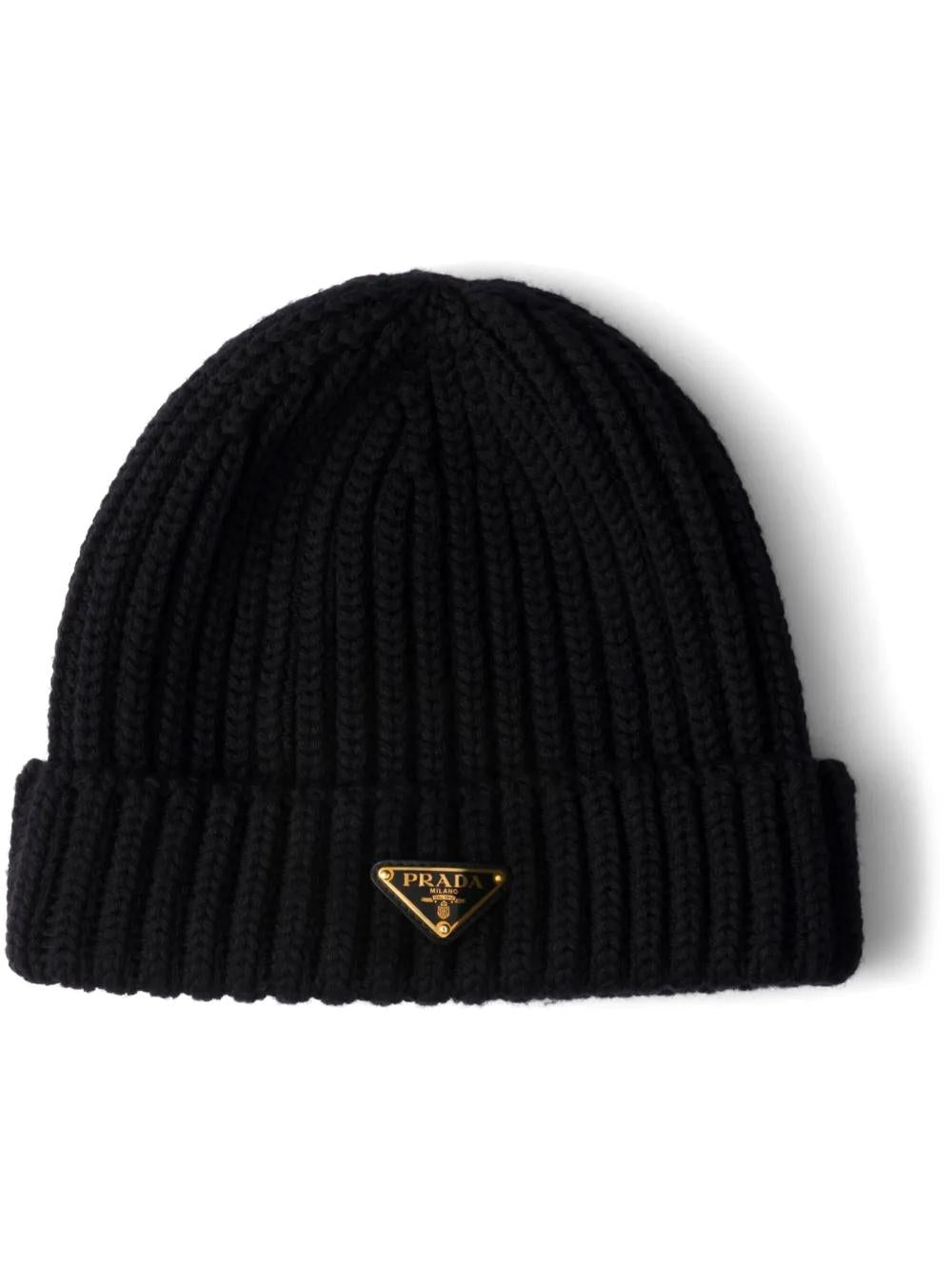 PRADA Ribbed Knit Beanie with Triangle Logo
