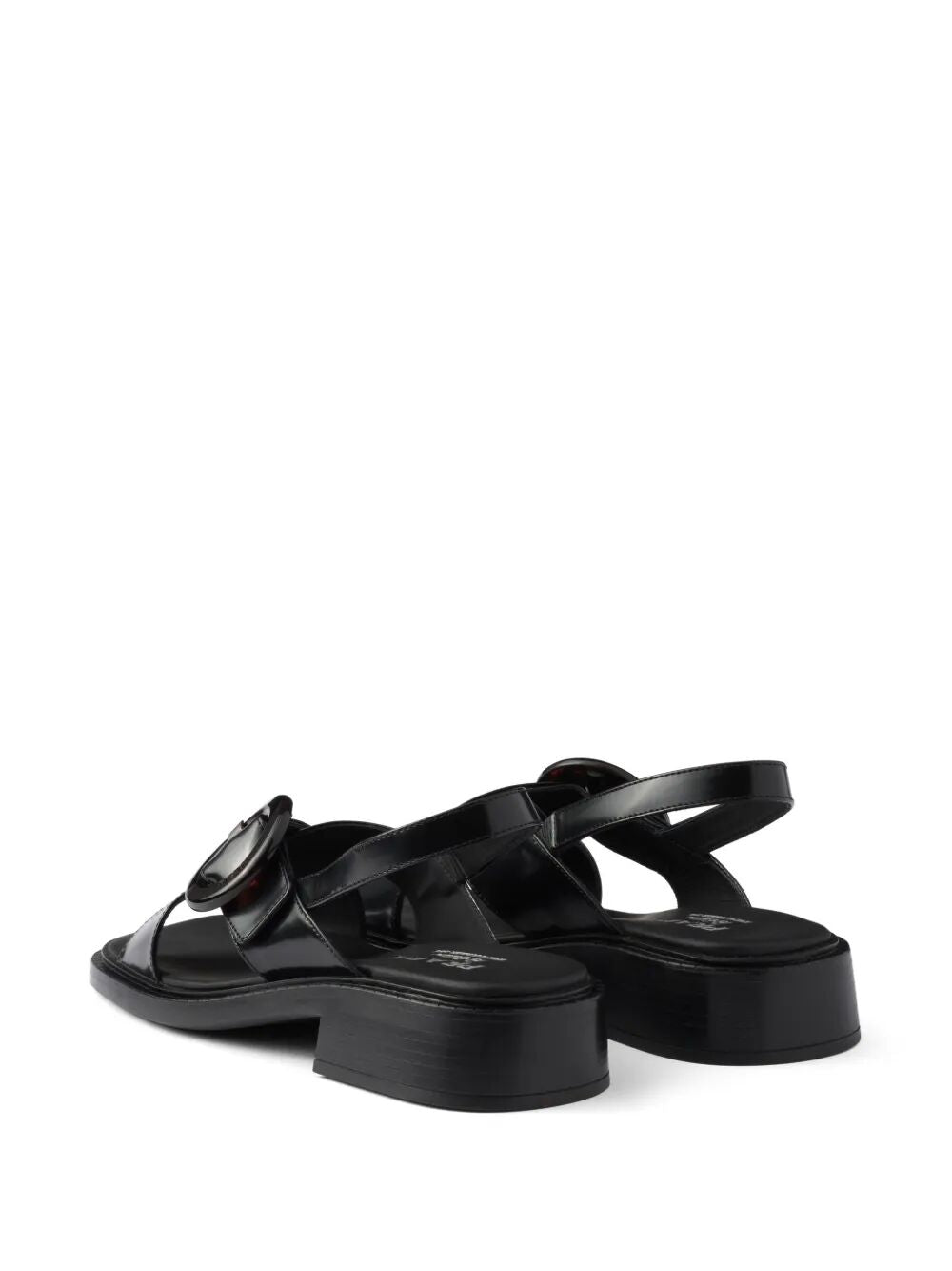 PRADA Brushed Leather Crisscross Band Sandals with Plexiglas Buckle - 3.5 cm Heel