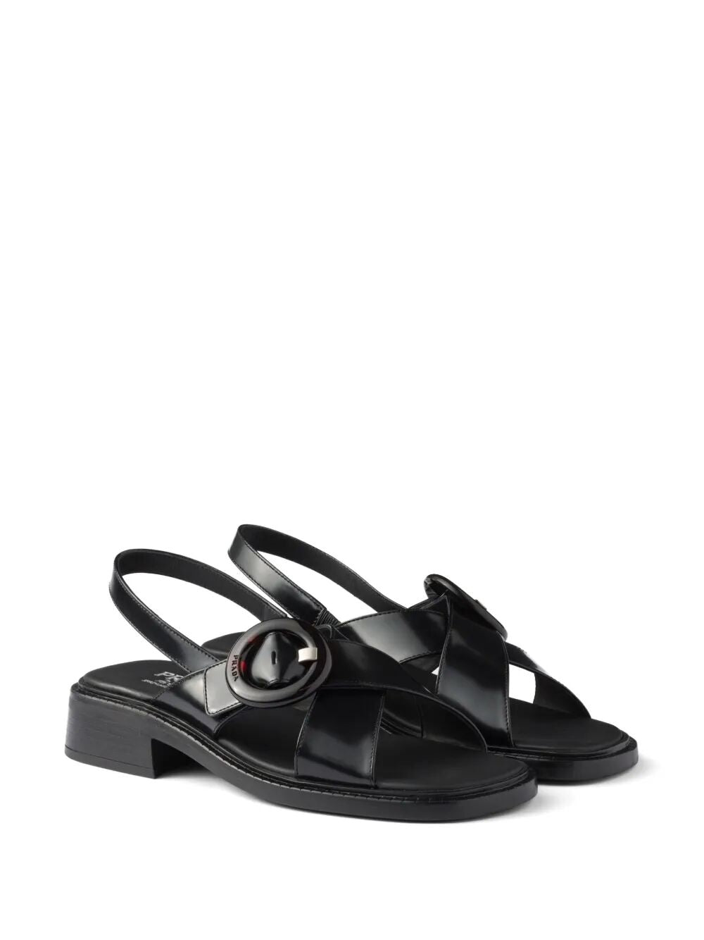 PRADA Brushed Leather Crisscross Band Sandals with Plexiglas Buckle - 3.5 cm Heel