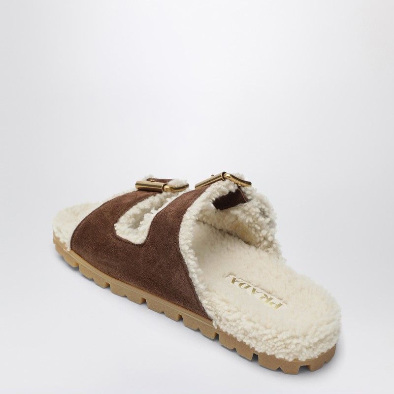 PRADA Suede and Shearling Slide Sandals with Adjustable Buckle Straps