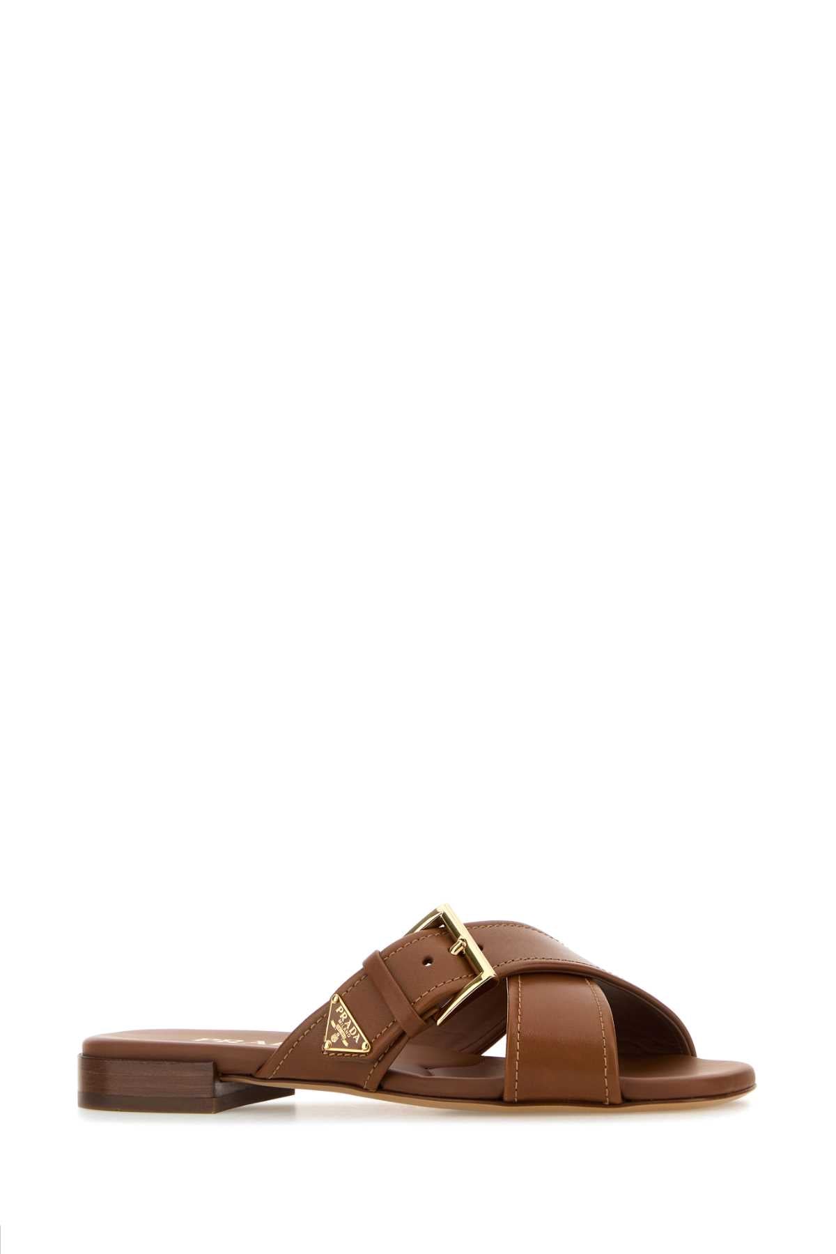 PRADA Leather Crisscross Slide Sandals with Buckle - 1 cm Heel