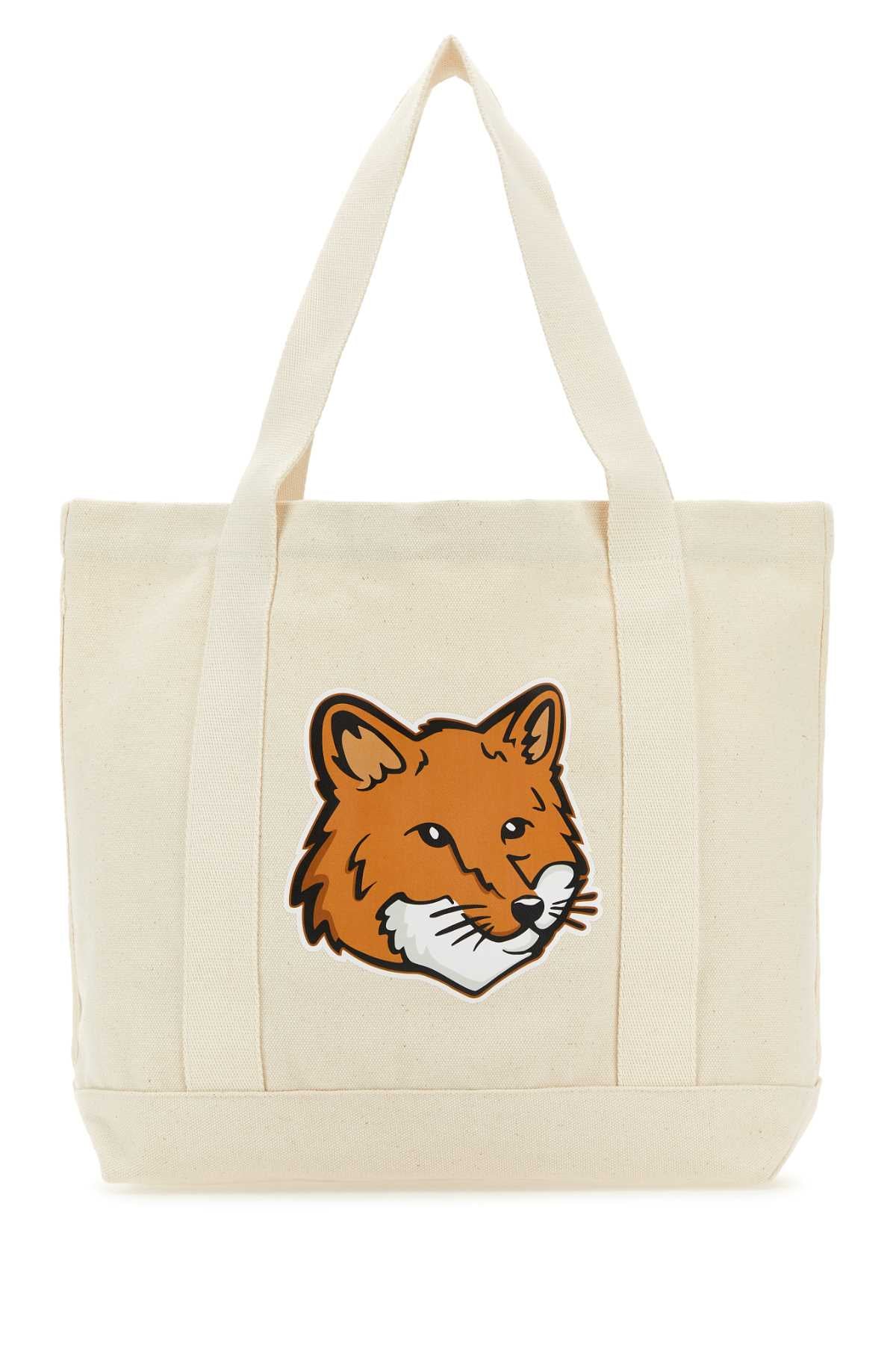 MAISON KITSUNE Ivory Canvas Fox Head Shopping Handbag - 43 cm x 32 cm x 5 cm