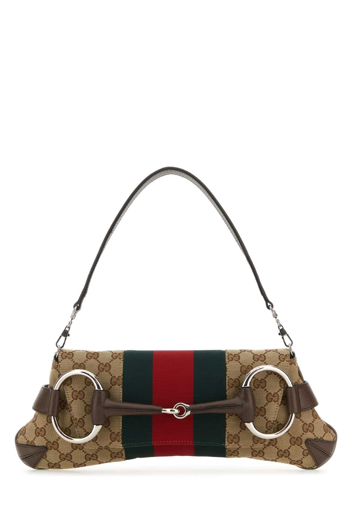 GUCCI Medium GG Supreme Fabric and Leather Horsebit Chain Shoulder Handbag