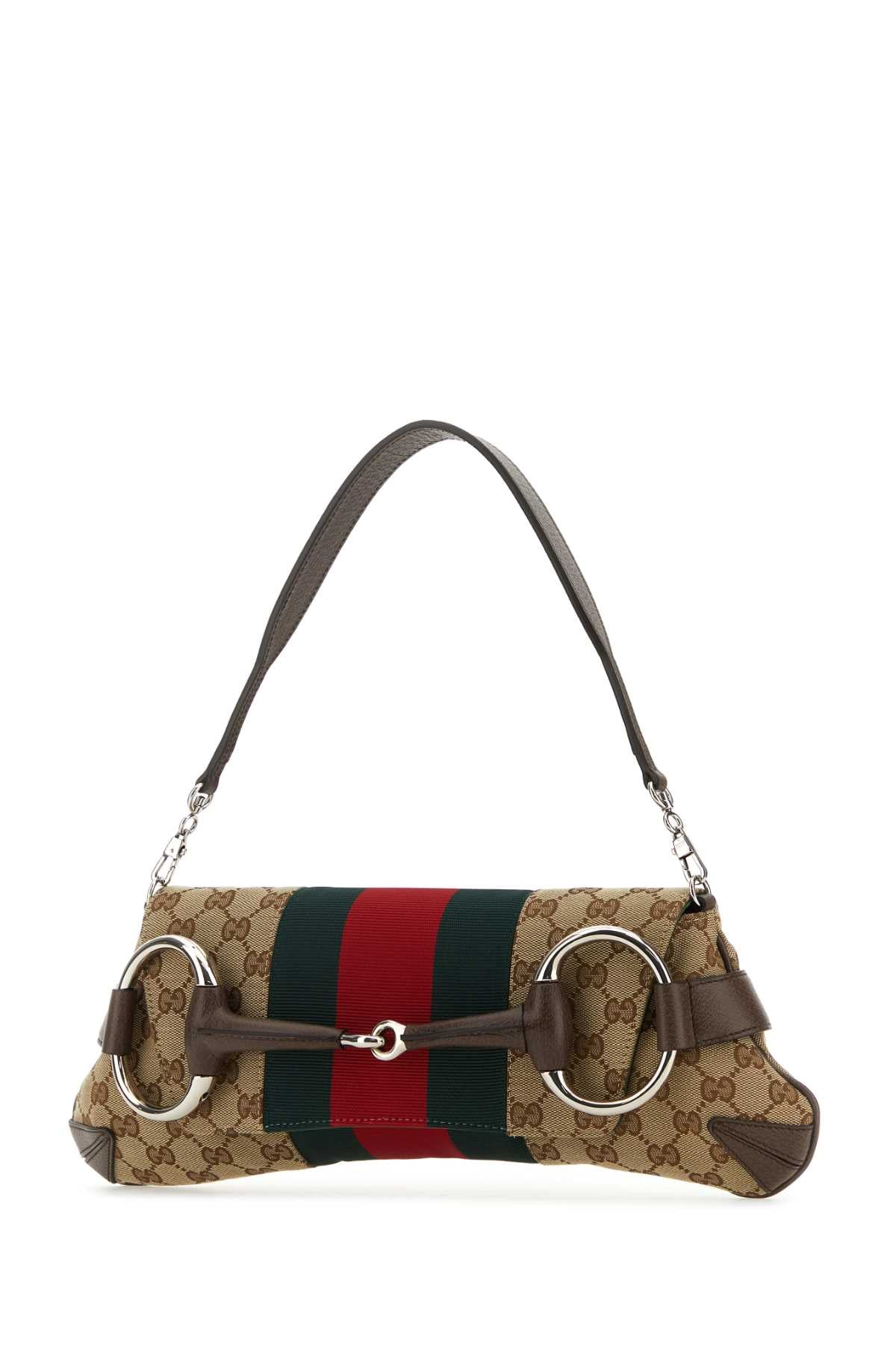 GUCCI Medium GG Supreme Fabric and Leather Horsebit Chain Shoulder Handbag