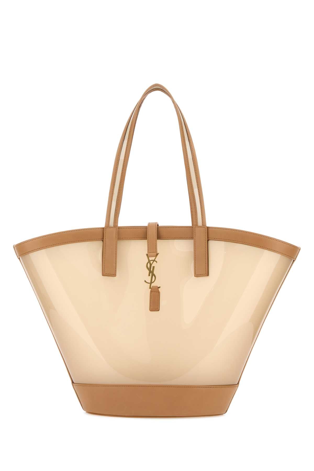 SAINT LAURENT Two-tone Vinyl and Leather Panier Shopping Handbag - 23.5 cm Width