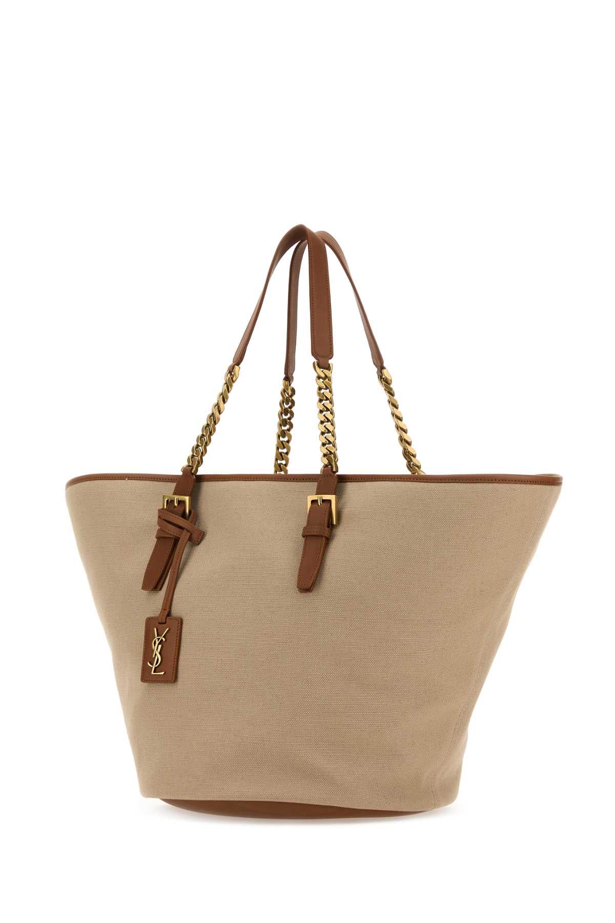 SAINT LAURENT Cappuccino Canvas Panier Mini Shopping Handbag - 26 cm x 29.5 cm x 25 cm