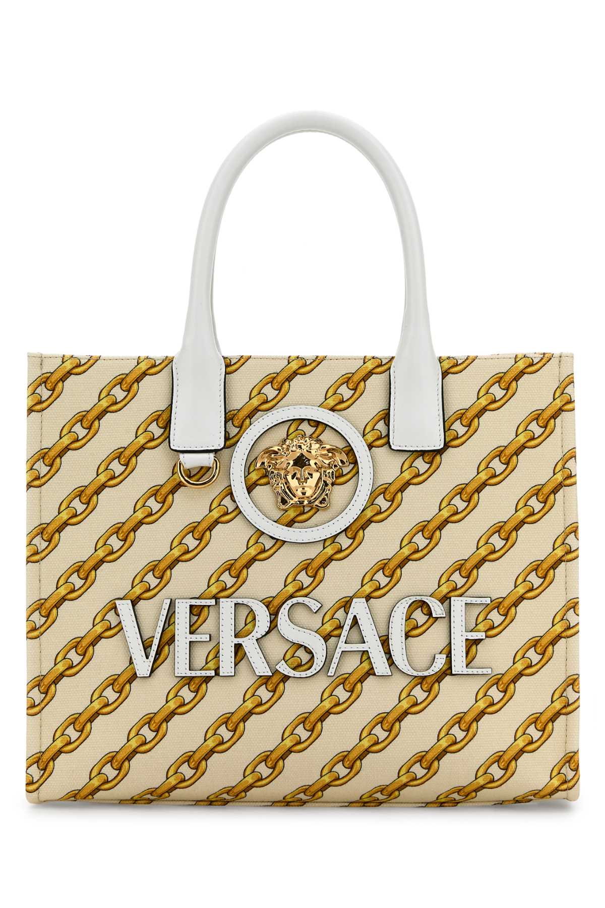 VERSACE Mini Printed Canvas Shopping Handbag with Chain Stripes