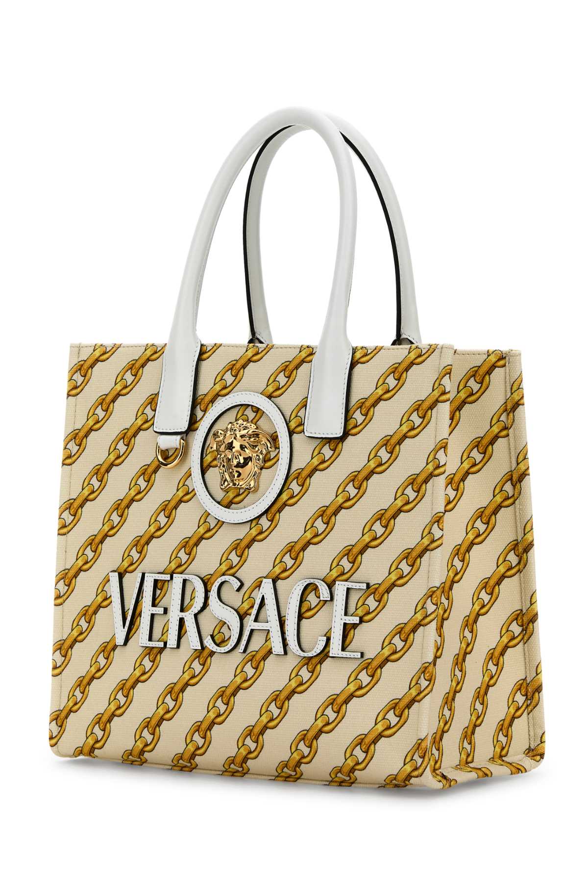 VERSACE Mini Printed Canvas Shopping Handbag with Chain Stripes