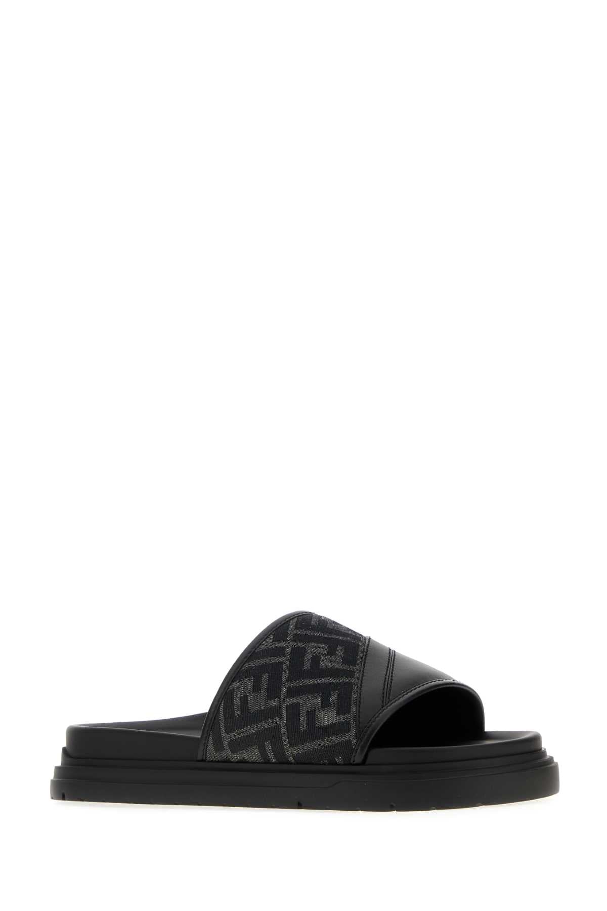 FENDI Embroidered Canvas and Leather Diagonal Slippers