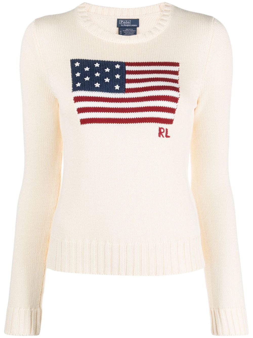 POLO RALPH LAUREN Classic Crewneck Long Sleeve Jumper with American Flag Embroidery - Size S