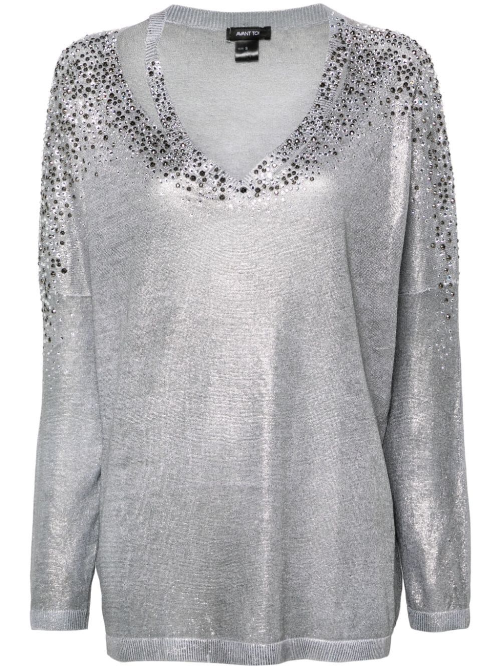 AVANT TOI Linen Cotton V-Neck Pullover with Lamination and Strass