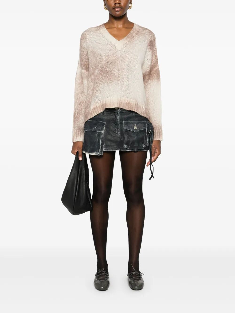 AVANT TOI Marble Effect Brushed Cashmere and Silk V Neck Oversized Pullover