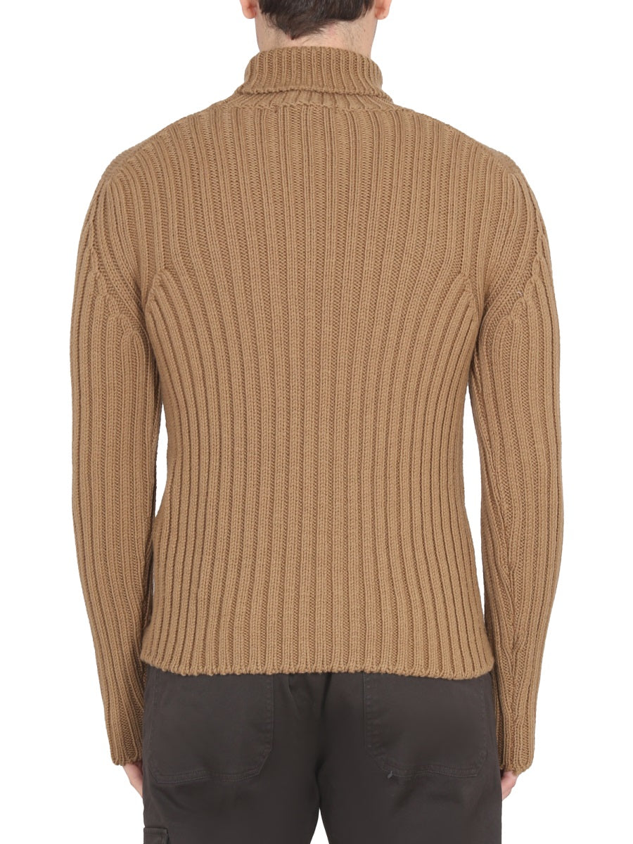 TEN C Men's High Neck Ribbed Turtleneck Sweater