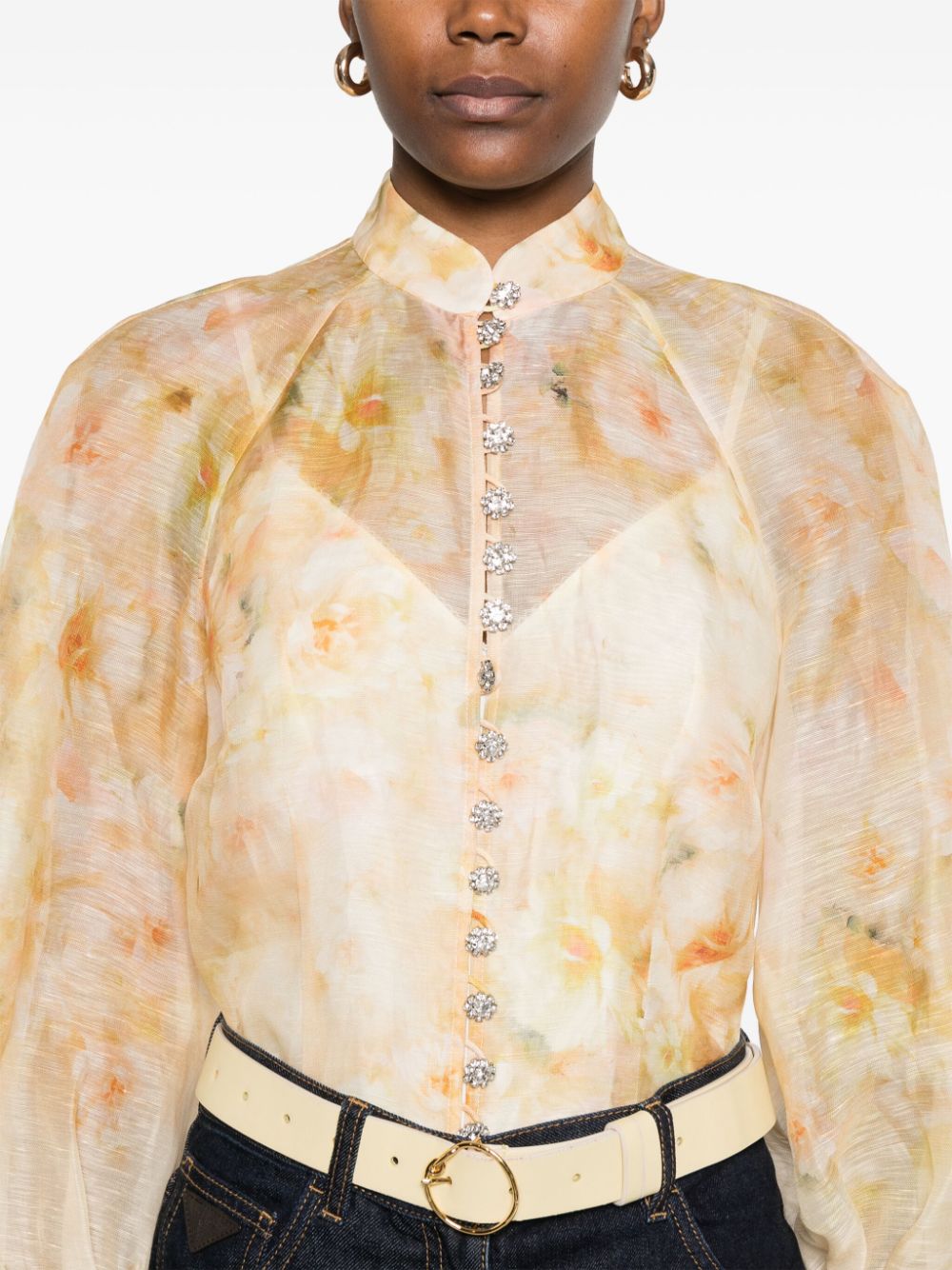 ZIMMERMANN Floral Printed Linen Blend Crush Shirt