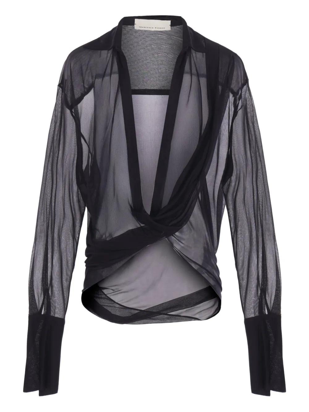 FRANCESCO MURANO Semi-Sheer Blouse with Pointed Collar and Asymmetric Hem