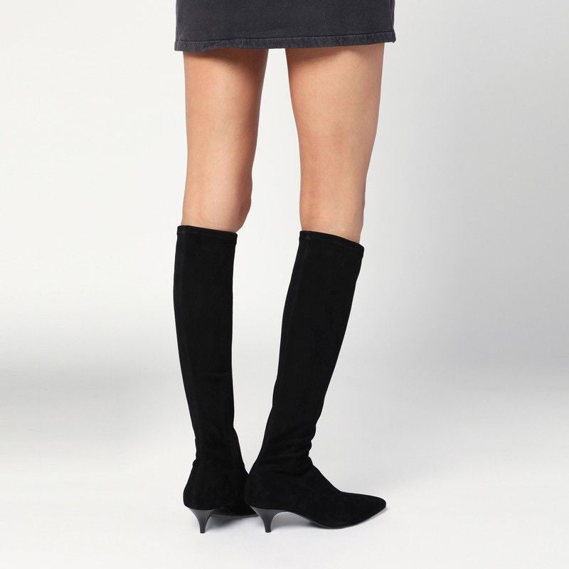 A.EMERY Knee-High Suede Stretch Boots with Pointed Toe and Medium Heel