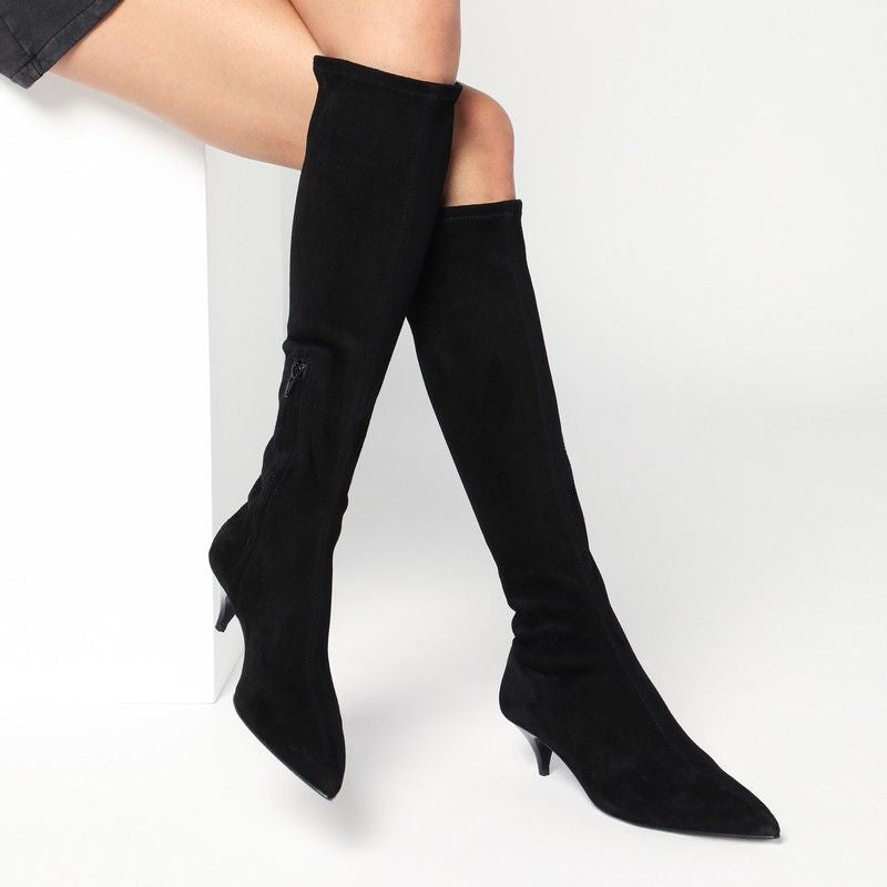 A.EMERY Knee-High Suede Stretch Boots with Pointed Toe and Medium Heel