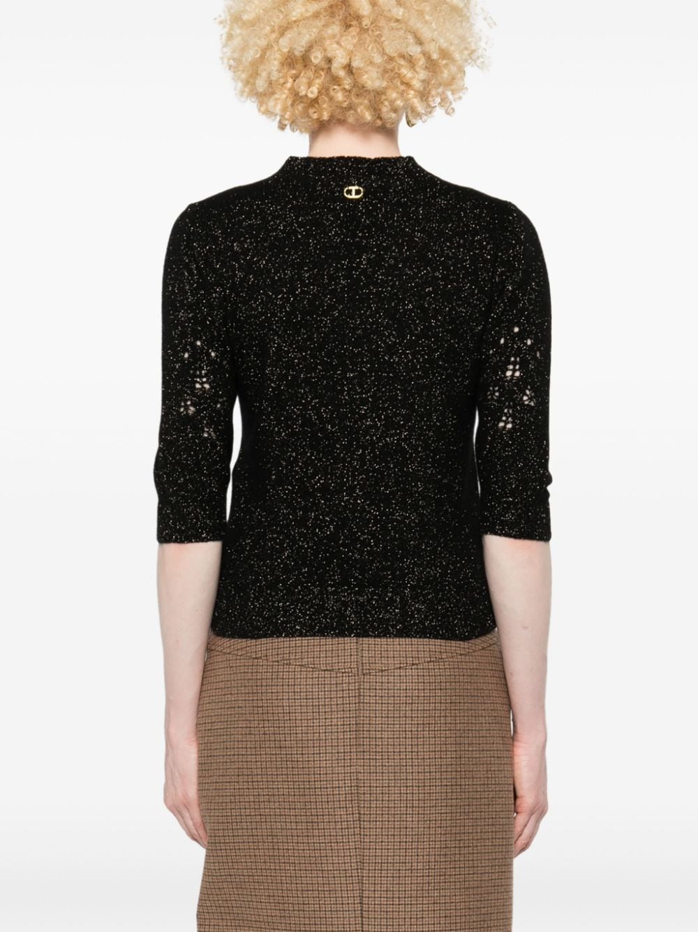 TWIN-SET Wool-Cashmere Mock Neck Sweater with Lurex Detailing