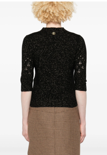 TWIN-SET Wool-Cashmere Mock Neck Sweater with Lurex Detailing