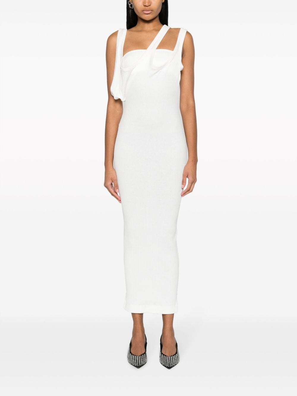 THE ATTICO Asymmetric Neckline Ribbed Midi Dress