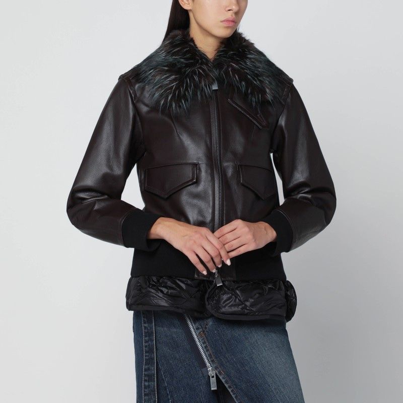 SACAI Bimaterial Bomber Jacket with Zip in Brown