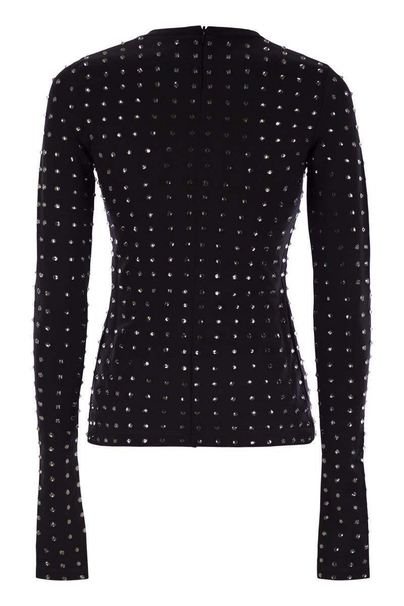 MAX MARA SPORTMAX Scuba T-Shirt with Rhinestones - Long Sleeve, Tight Fit