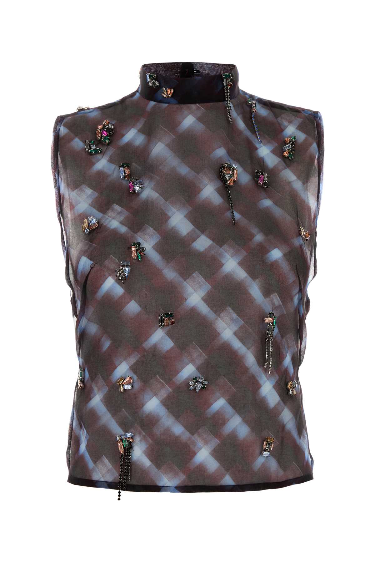 DRIES VAN NOTEN Sleeveless Silk Top with Decorative Crystals and Korean Collar