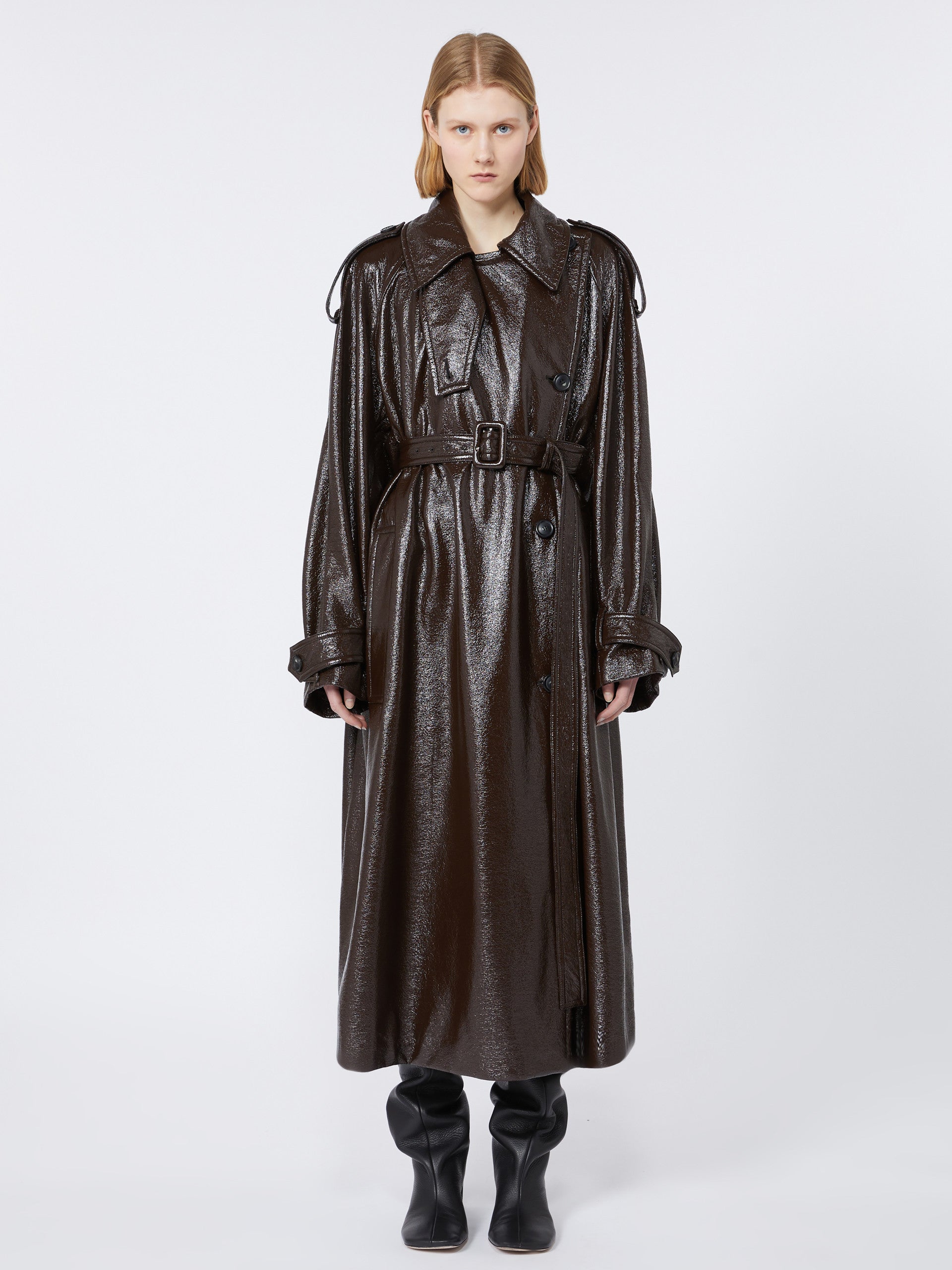MAX MARA SPORTMAX Loose Fit Long Trench Jacket with Patent Leather Effect