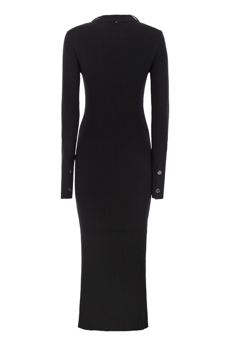 MAX MARA SPORTMAX Fitted Pure Wool Knit Dress with Metallic Button Details