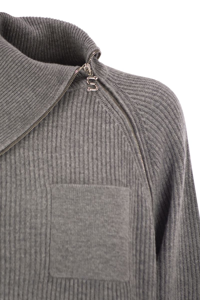 MAX MARA SPORTMAX Cashmere-Blend Sweater with High Collar and Diagonal Zip - Loose Fit