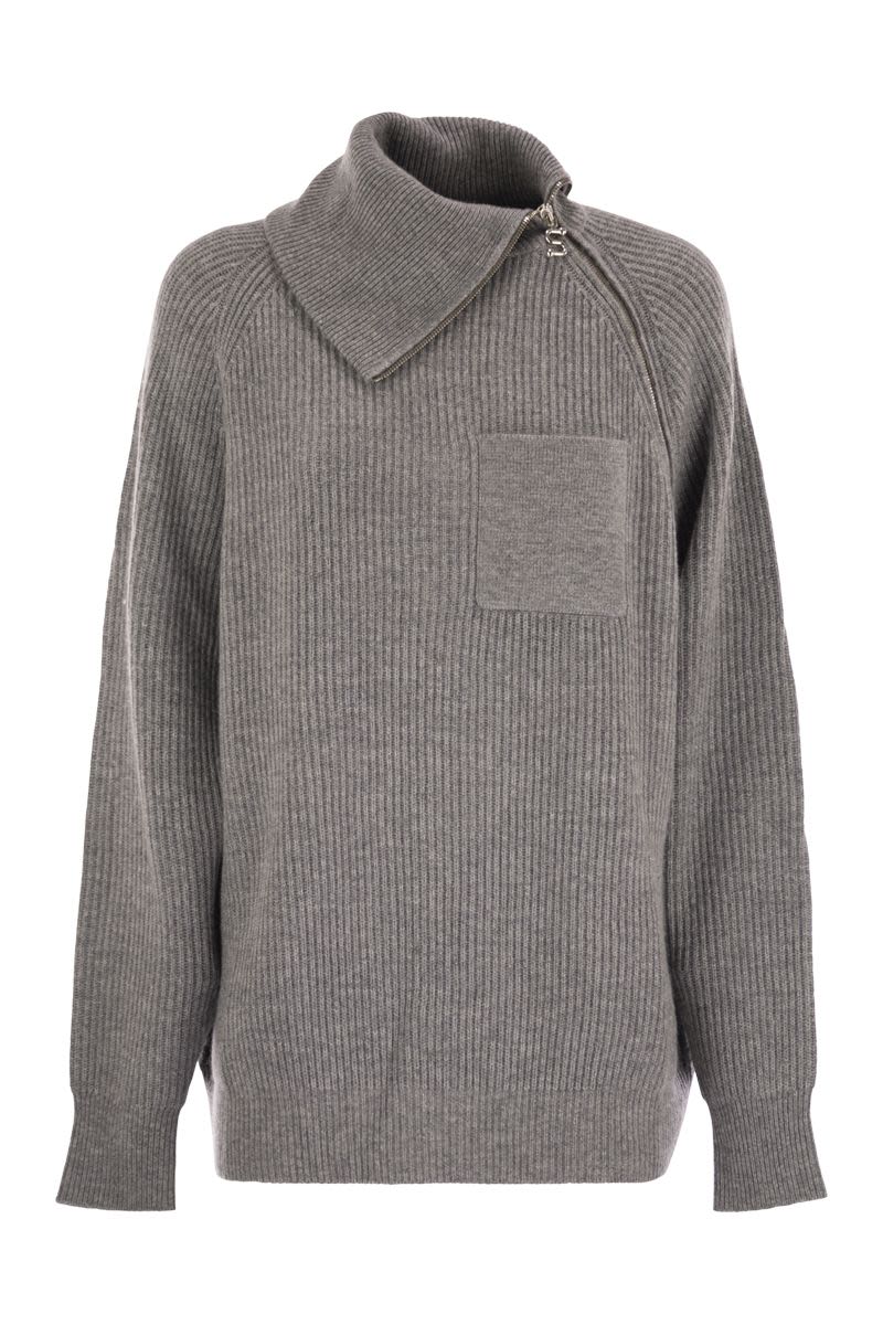 MAX MARA SPORTMAX Cashmere-Blend Sweater with High Collar and Diagonal Zip - Loose Fit