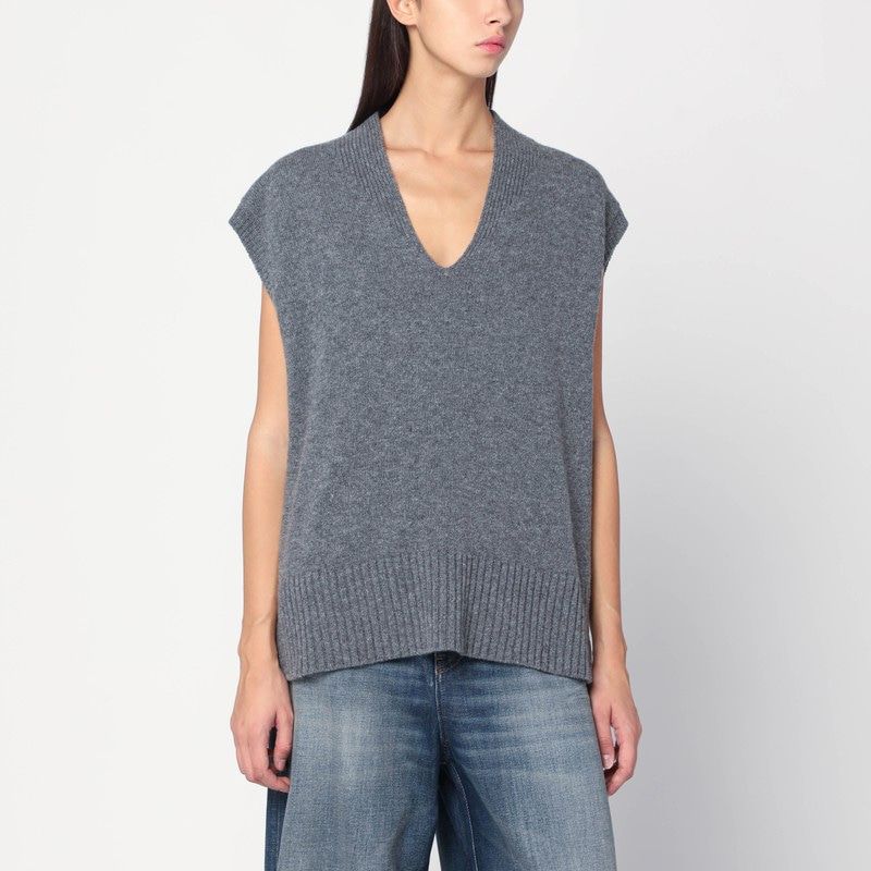 ROBERTO COLLINA Oversized Wool Vest with V-Neck and Ribbed Edges