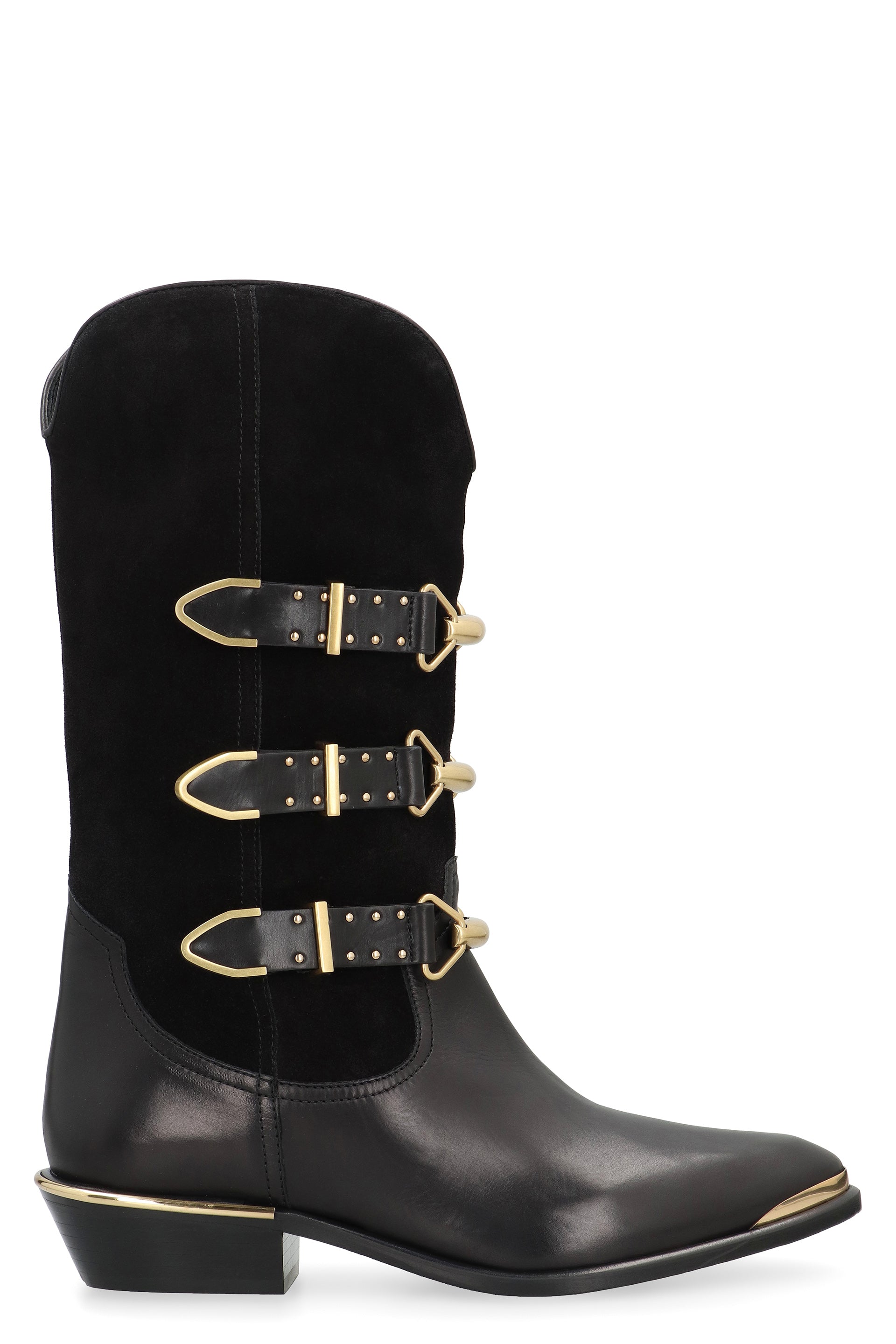 ISABEL MARANT Pointed Toe Leather Boots with Decorative Buckles