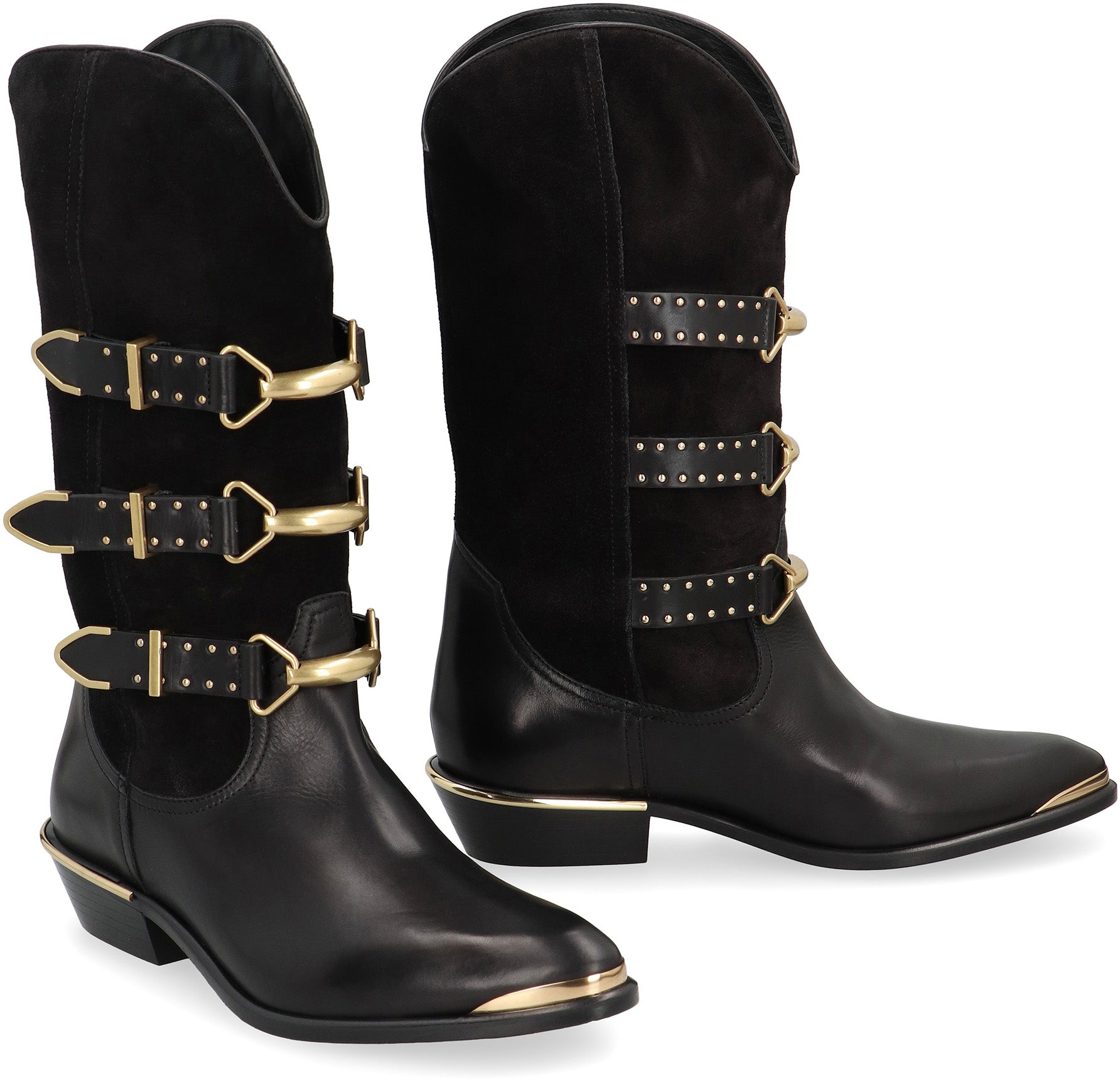 ISABEL MARANT Pointed Toe Leather Boots with Decorative Buckles