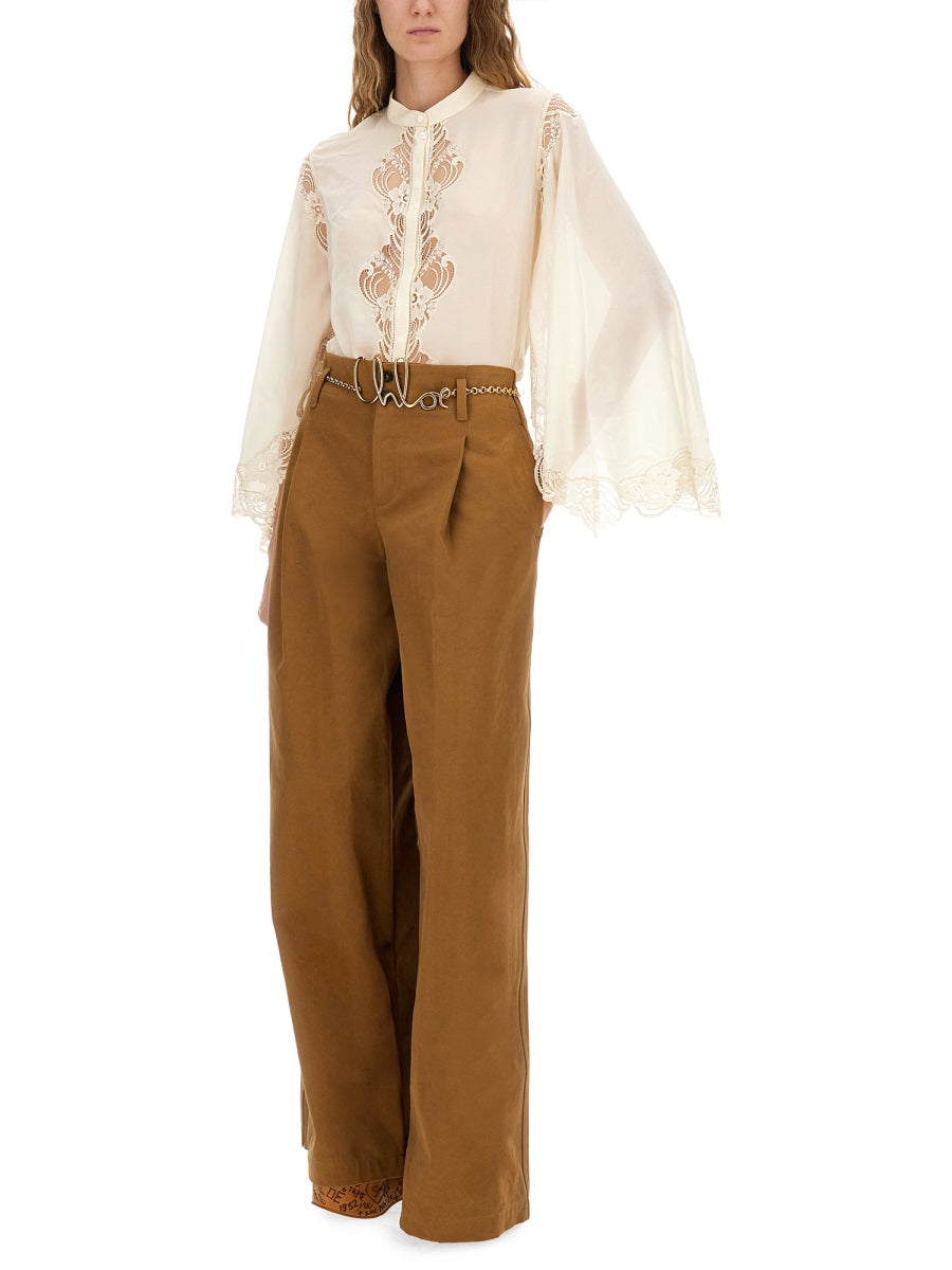 CHLOÉ Fluid Silk Georgette and Lace Blouse - Size 40