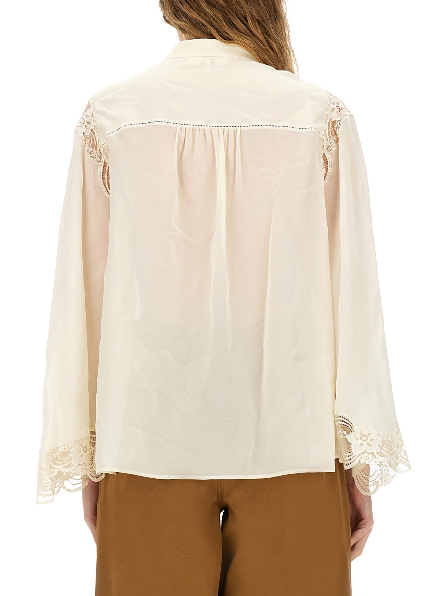 CHLOÉ Fluid Silk Georgette and Lace Blouse - Size 40