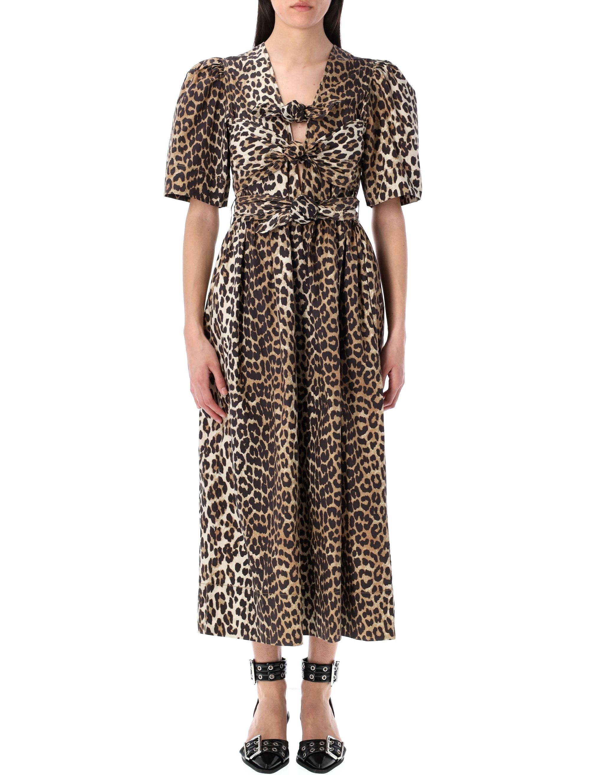 GANNI Leopard Printed Tie Strap Midi Dress - Size 36